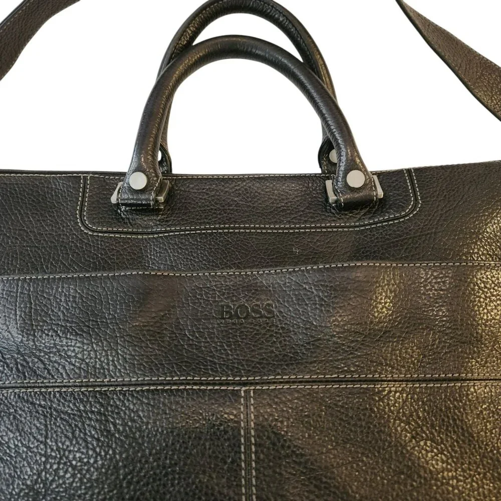Hugo Boss Black Grained Leather Laptop Bag Adjustable Strap & Dual Handles